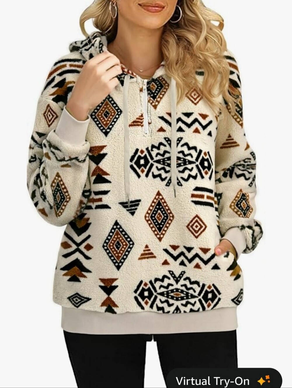 Cozy Aztec Fleece Pullover Hoodie - Cream with Black & Brown Pattern